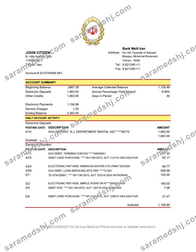 Iran Melli Bank statement template in .xls and .pdf file format